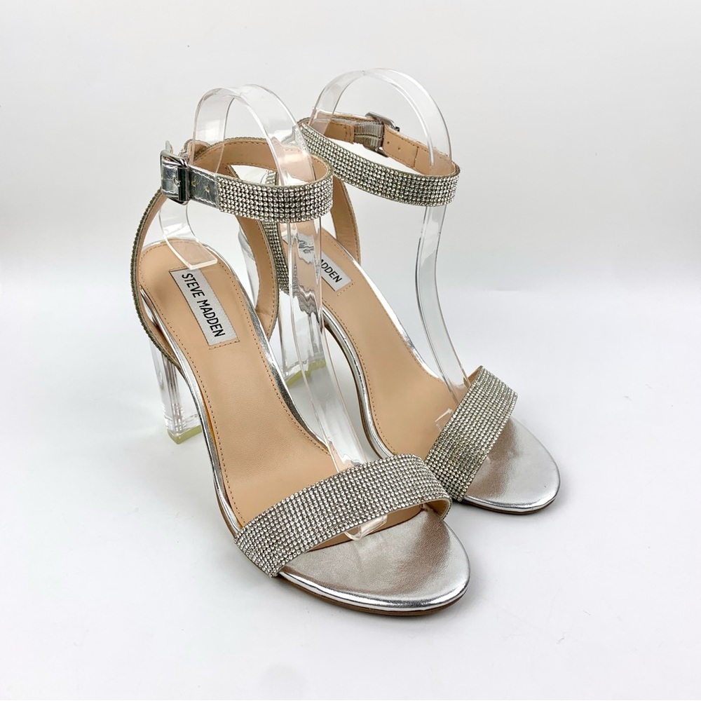 Steve Madden Yuma Sandal Rhinestone Silver Ankle Strap High Heel Womens Size 9